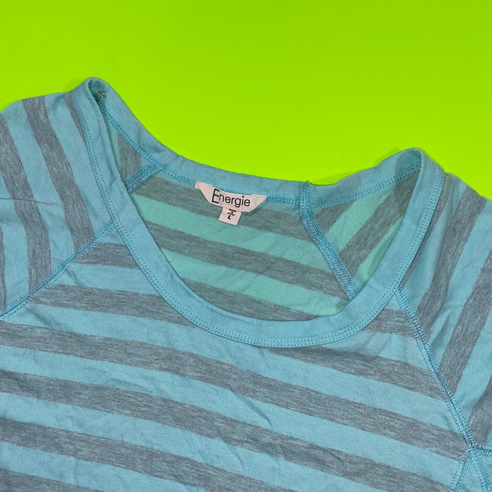 Energie Womens Striped 3/4‎ Sleeve Scoop Neck Top Turquoise Grey Large High Low